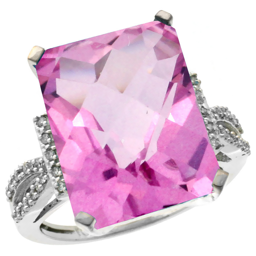 10K White Gold Diamond Natural Pink Topaz Ring Emerald-cut 16x12mm, sizes 5-10