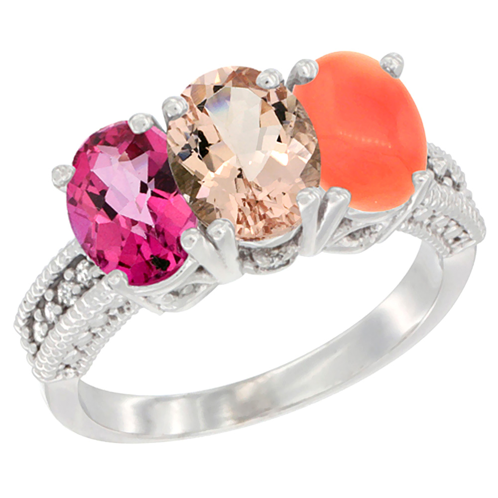 14K White Gold Natural Pink Topaz, Morganite & Coral Ring 3-Stone 7x5 mm Oval Diamond Accent, sizes 5 - 10