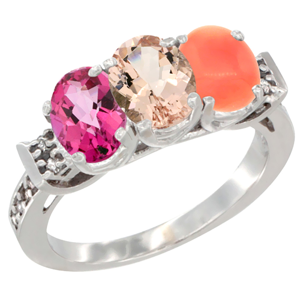 14K White Gold Natural Pink Topaz, Morganite &amp; Coral Ring 3-Stone 7x5 mm Oval Diamond Accent, sizes 5 - 10