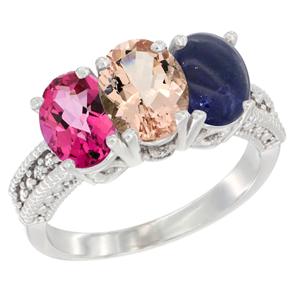 10K White Gold Natural Pink Topaz, Morganite & Lapis Ring 3-Stone Oval 7x5 mm Diamond Accent, sizes 5 - 10