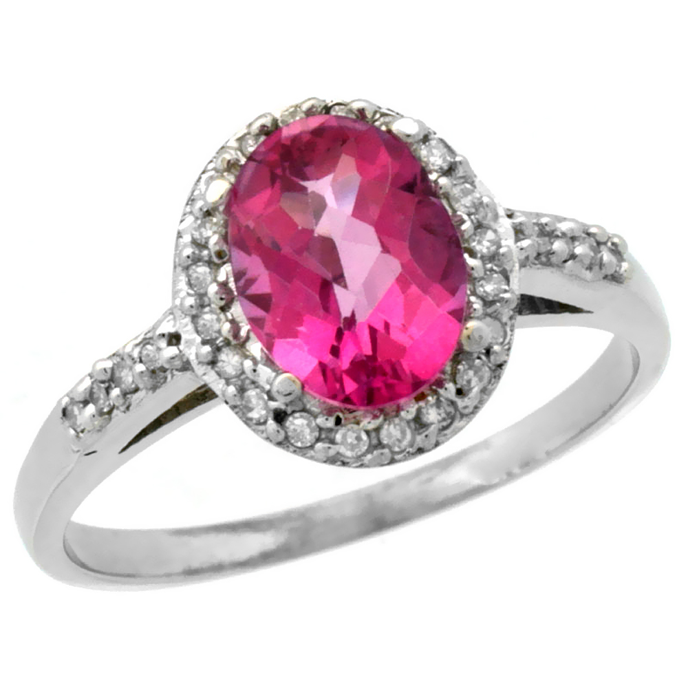 14K White Gold Diamond Natural Pink Topaz Ring Oval 8x6mm, sizes 5-10