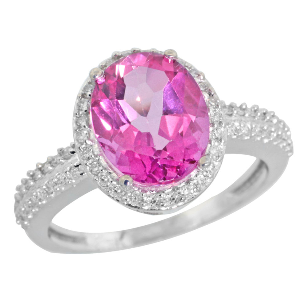 10K White Gold Diamond Natural Pink Topaz Engagement Ring Oval 10x8mm, sizes 5-10