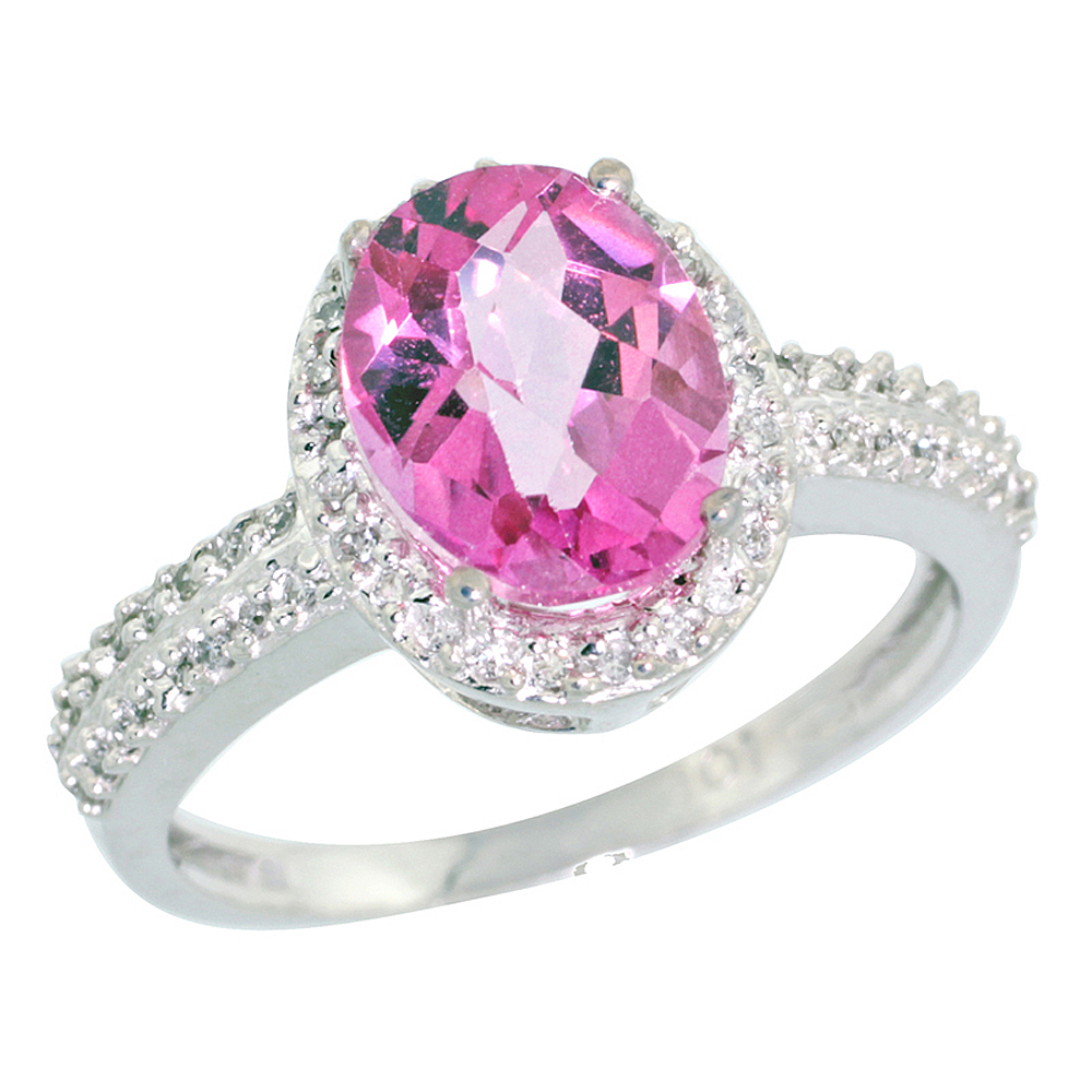 14K White Gold Diamond Natural Pink Topaz Ring Oval 9x7mm, sizes 5-10