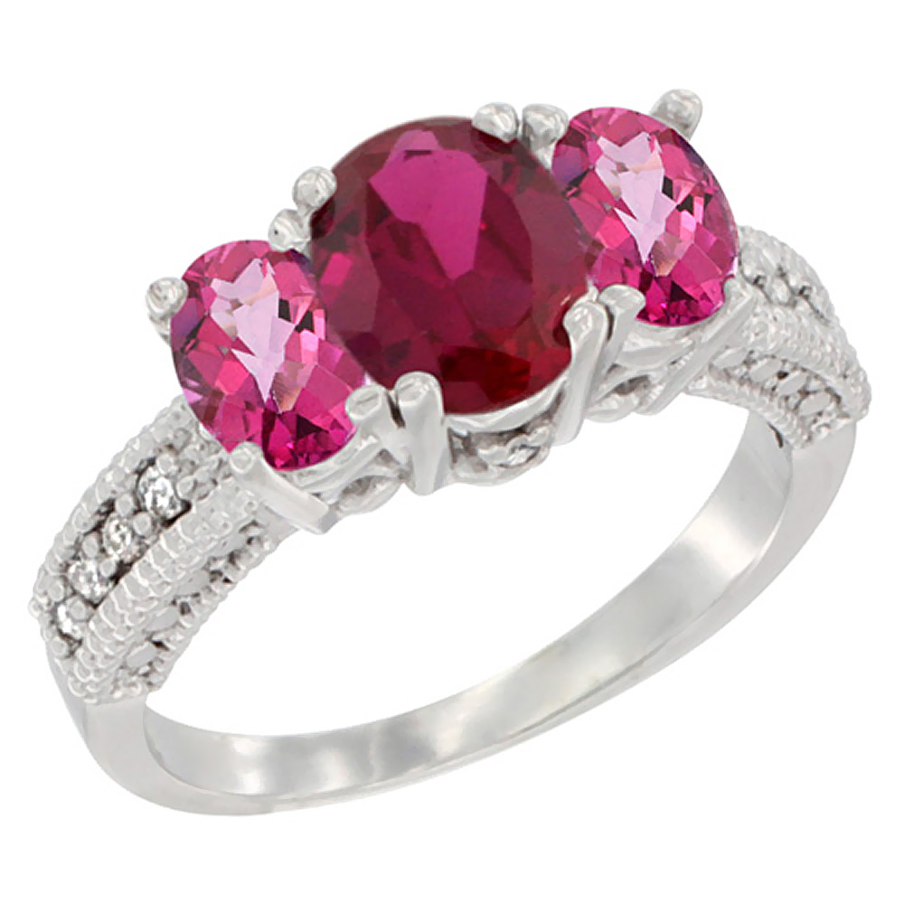 14K White Gold Diamond Quality Ruby 7x5mm &amp; 6x4mm Pink Topaz Oval 3-stone Mothers Ring,size 5 - 10