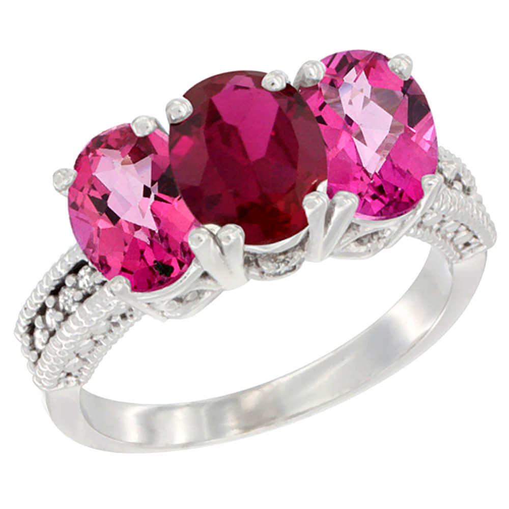 10K White Gold Enhanced Ruby &amp; Natural Pink Topaz Sides Ring 3-Stone Oval 7x5 mm Diamond Accent, sizes 5 - 10