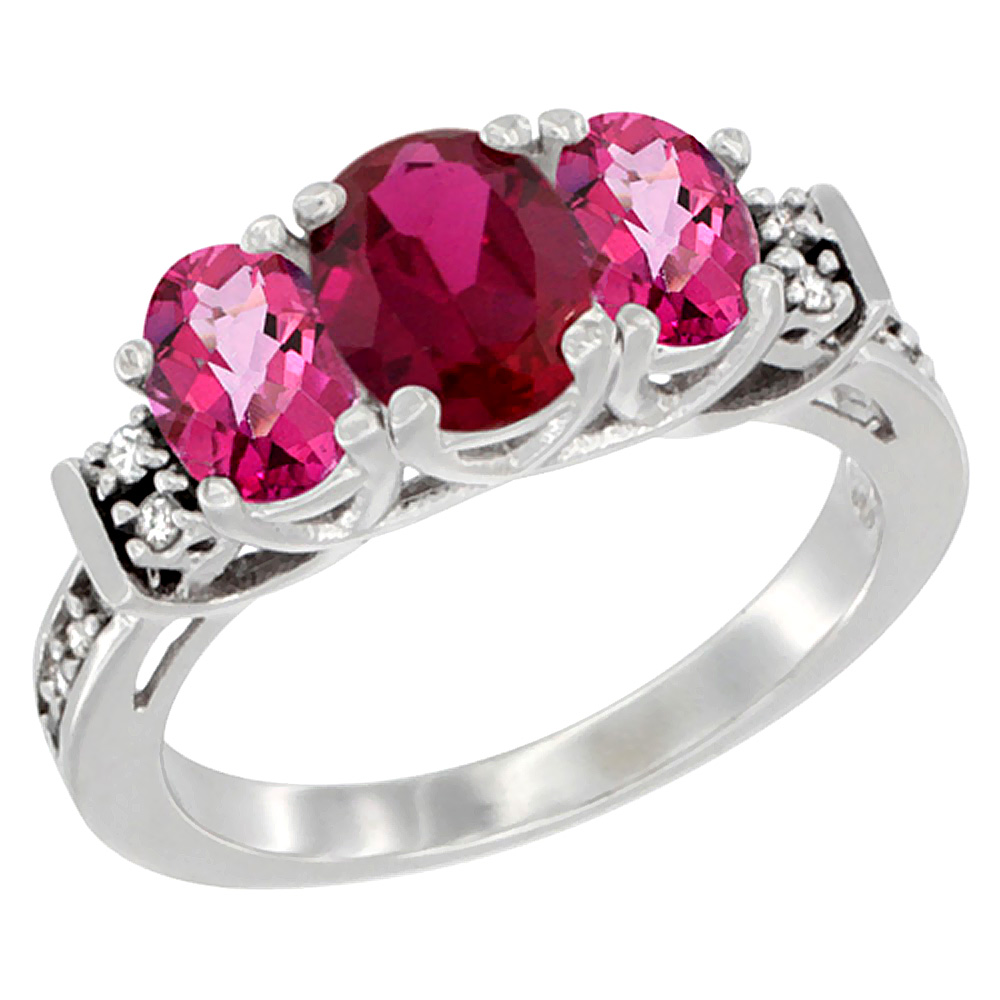 10K White Gold Natural Quality Ruby & Pink Topaz 3-stone Mothers Ring Oval Diamond Accent, size 5-10