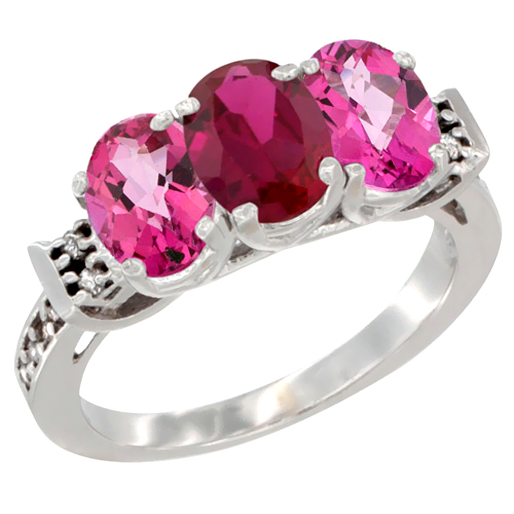 14K White Gold Enhanced Ruby & Natural Pink Topaz Sides Ring 3-Stone Oval 7x5 mm Diamond Accent, sizes 5 - 10