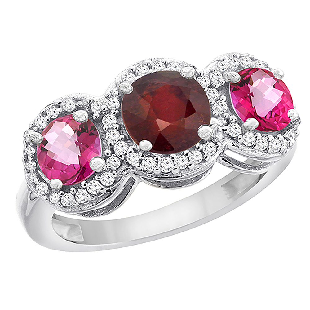 10K White Gold Enhanced Ruby & Pink Topaz Sides Round 3-stone Ring Diamond Accents, sizes 5 - 10