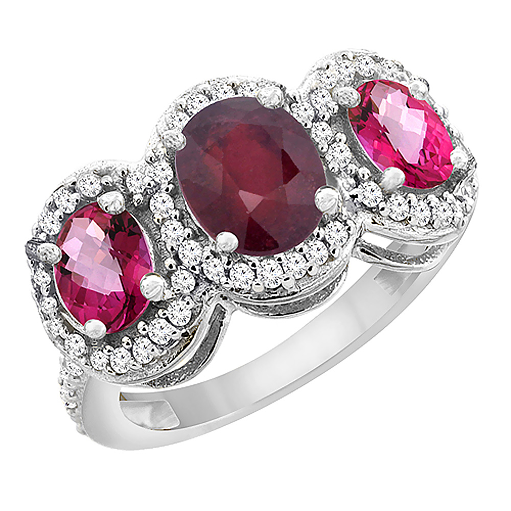 10K White Gold Natural Quality Ruby & Pink Topaz 3-stone Mothers Ring Oval Diamond Accent, size 5 - 10