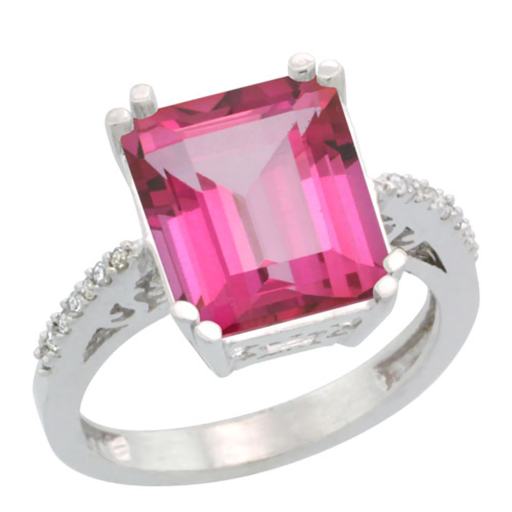 10K White Gold Diamond Natural Pink Topaz Ring Emerald-cut 12x10mm, sizes 5-10