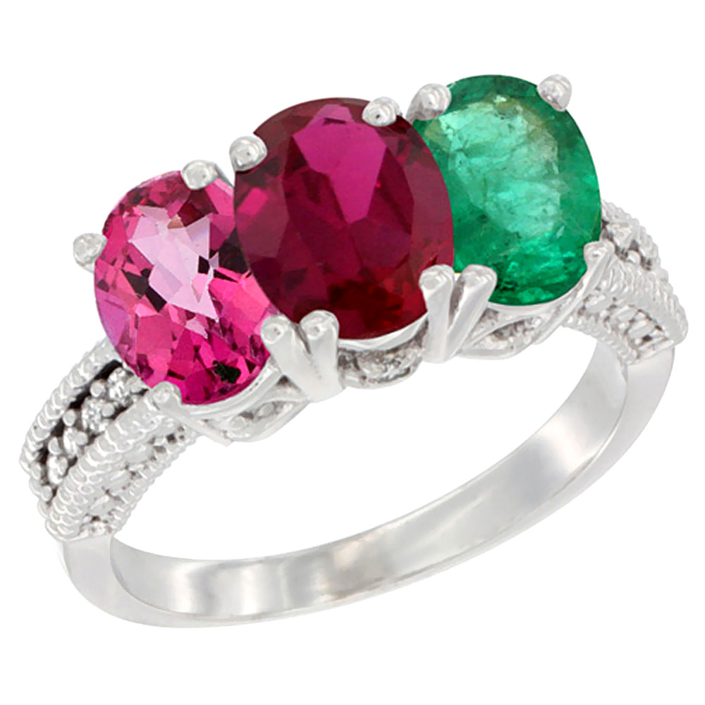 10K White Gold Natural Pink Topaz, Enhanced Ruby & Natural Emerald Ring 3-Stone Oval 7x5 mm Diamond Accent, sizes 5 - 10