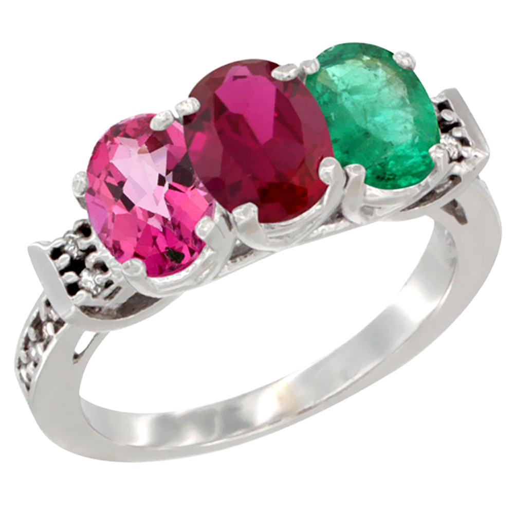 14K White Gold Natural Pink Topaz, Enhanced Ruby &amp; Natural Emerald Ring 3-Stone Oval 7x5 mm Diamond Accent, sizes 5 - 10