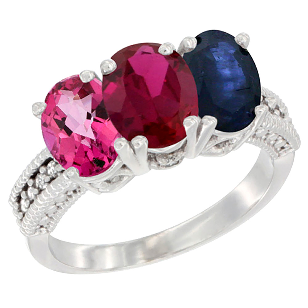 14K White Gold Natural Pink Topaz, Enhanced Ruby & Natural Blue Sapphire Ring 3-Stone 7x5 mm Oval Diamond Accent, sizes 5 - 10