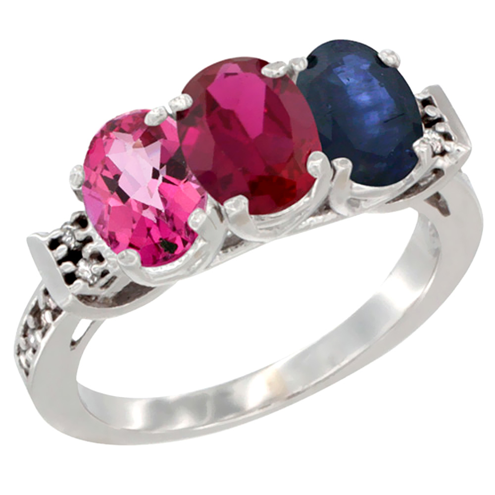14K White Gold Natural Pink Topaz, Enhanced Ruby &amp; Natural Blue Sapphire Ring 3-Stone Oval 7x5 mm Diamond Accent, sizes 5 - 10