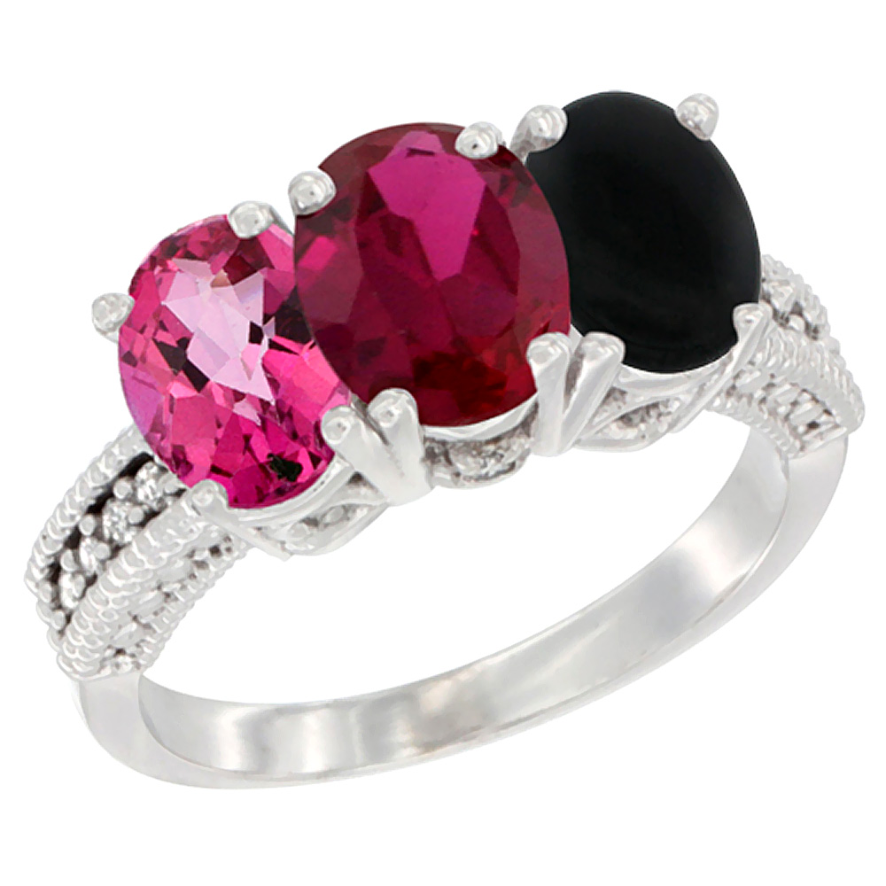 10K White Gold Natural Pink Topaz, Enhanced Ruby & Natural Black Onyx Ring 3-Stone Oval 7x5 mm Diamond Accent, sizes 5 - 10