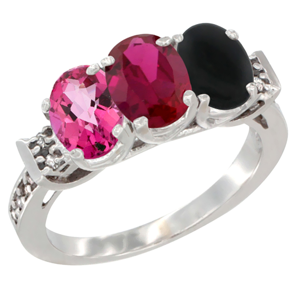10K White Gold Natural Pink Topaz, Enhanced Ruby &amp; Natural Black Onyx Ring 3-Stone Oval 7x5 mm Diamond Accent, sizes 5 - 10