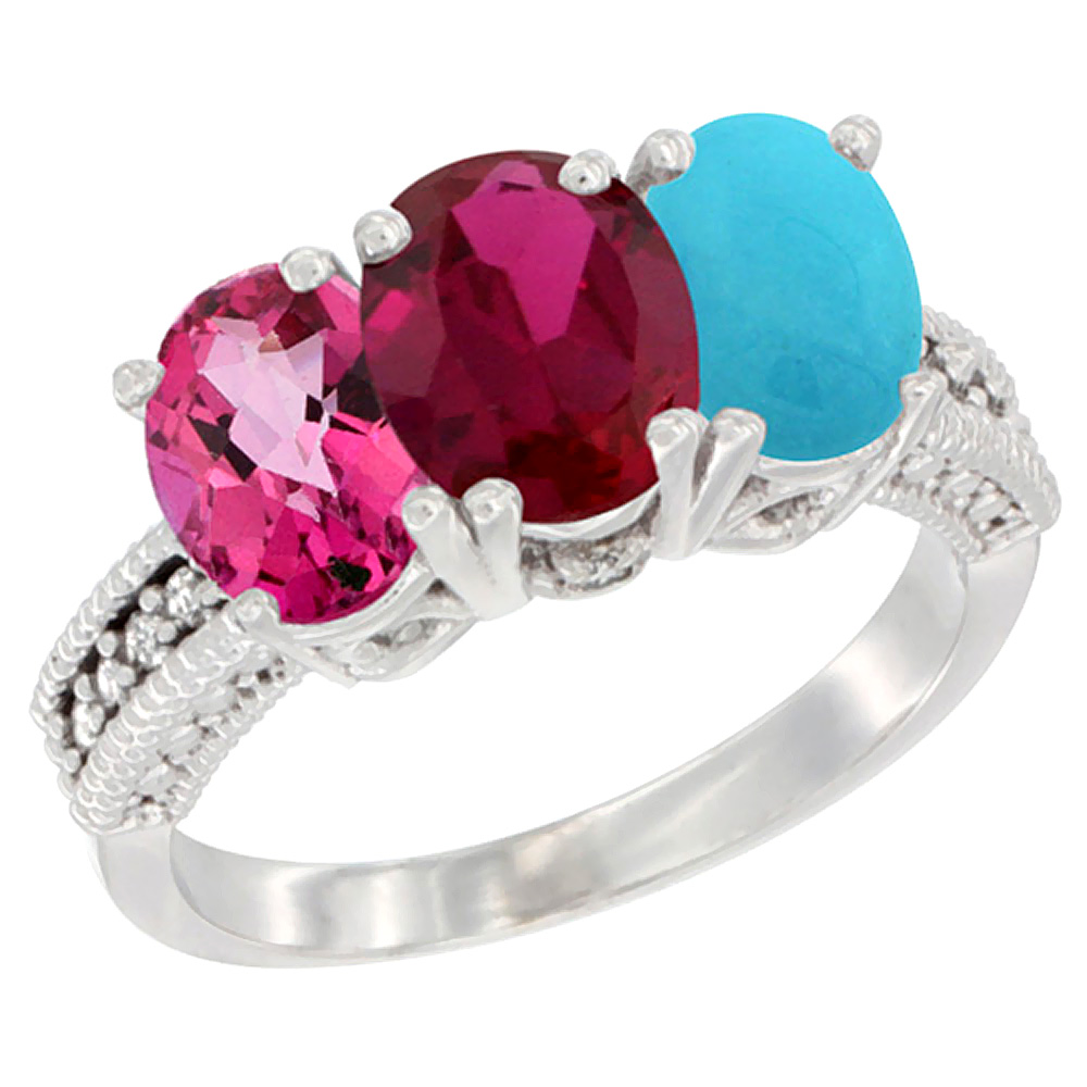 14K White Gold Natural Pink Topaz, Enhanced Ruby &amp; Natural Turquoise Ring 3-Stone 7x5 mm Oval Diamond Accent, sizes 5 - 10