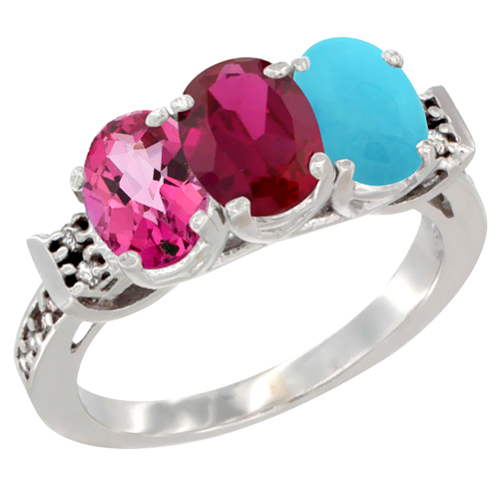 10K White Gold Natural Pink Topaz, Enhanced Ruby & Natural Turquoise Ring 3-Stone Oval 7x5 mm Diamond Accent, sizes 5 - 10