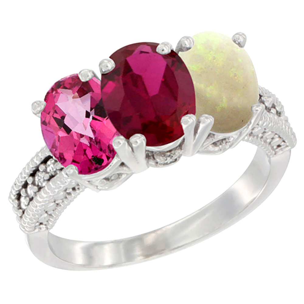 14K White Gold Natural Pink Topaz, Enhanced Ruby & Natural Opal Ring 3-Stone 7x5 mm Oval Diamond Accent, sizes 5 - 10