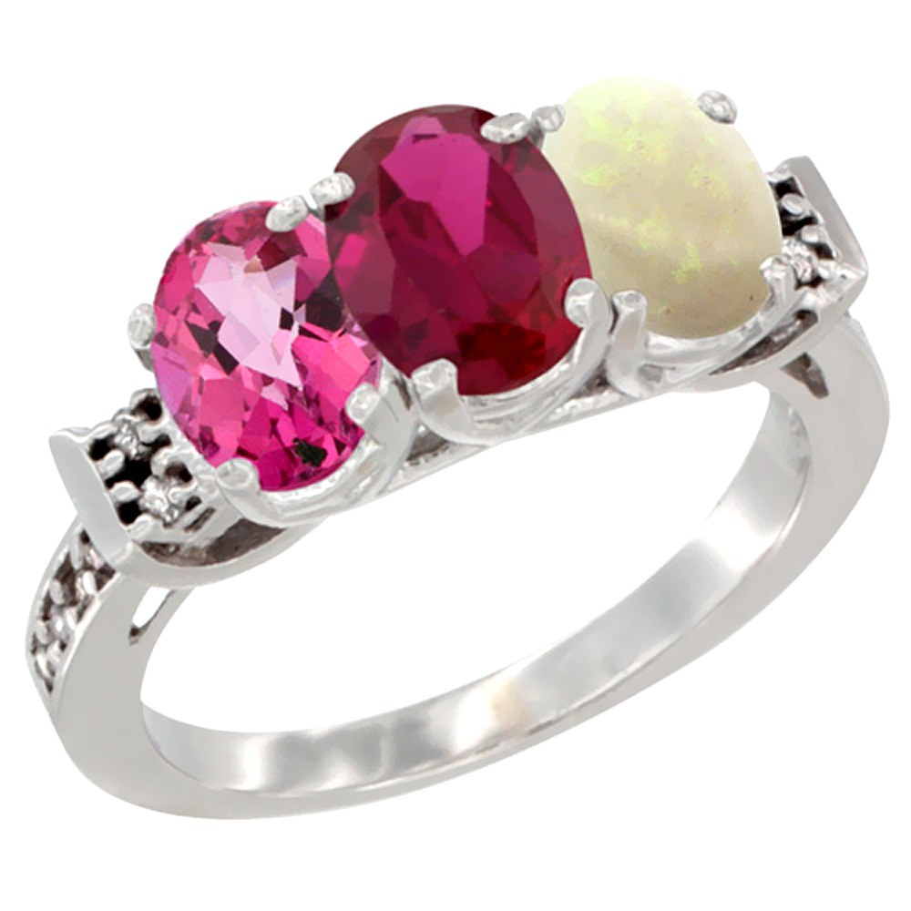 14K White Gold Natural Pink Topaz, Enhanced Ruby & Natural Opal Ring 3-Stone Oval 7x5 mm Diamond Accent, sizes 5 - 10