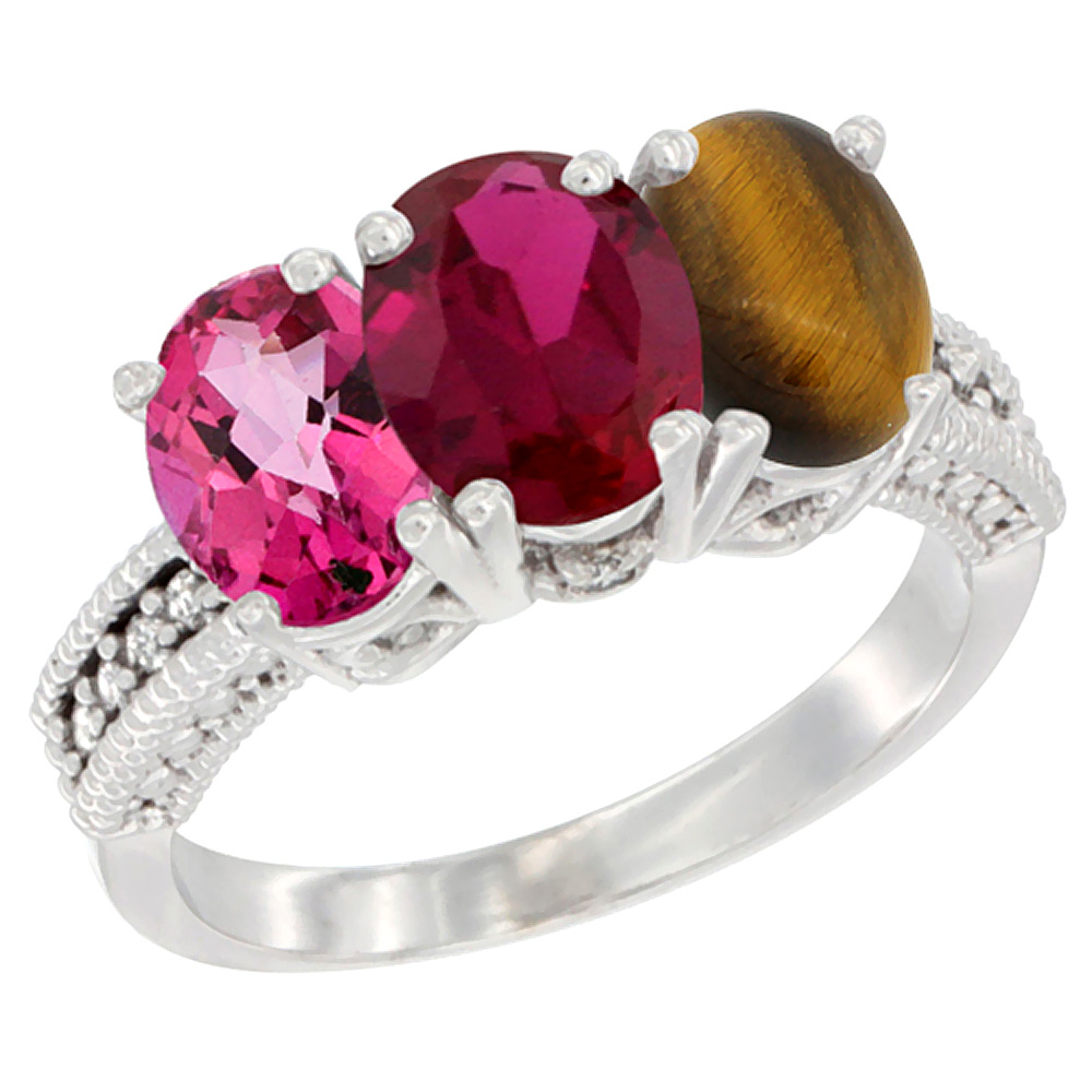 10K White Gold Natural Pink Topaz, Enhanced Ruby &amp; Natural Tiger Eye Ring 3-Stone Oval 7x5 mm Diamond Accent, sizes 5 - 10