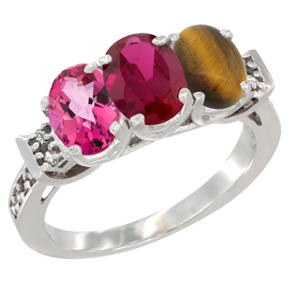 14K White Gold Natural Pink Topaz, Enhanced Ruby &amp; Natural Tiger Eye Ring 3-Stone Oval 7x5 mm Diamond Accent, sizes 5 - 10