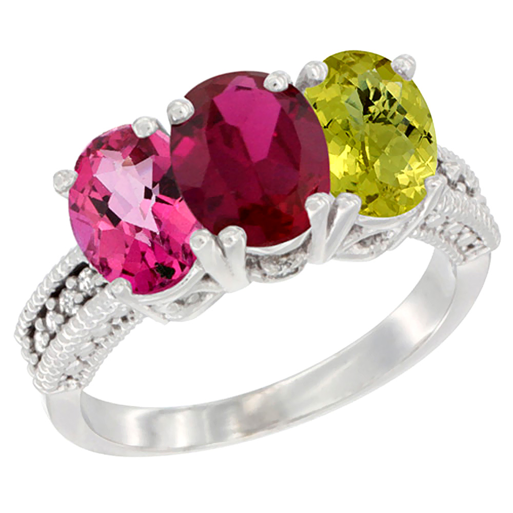 10K White Gold Natural Pink Topaz, Enhanced Ruby &amp; Natural Lemon Quartz Ring 3-Stone Oval 7x5 mm Diamond Accent, sizes 5 - 10