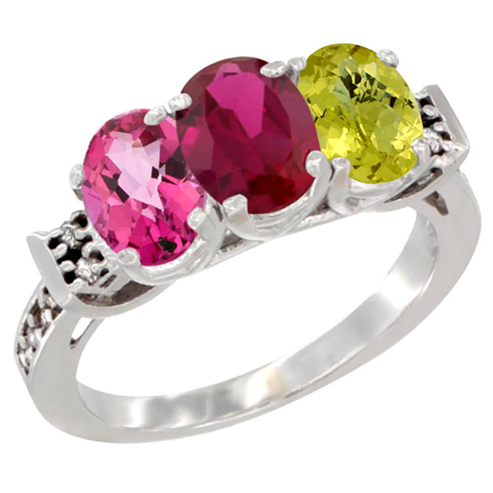 10K White Gold Natural Pink Topaz, Enhanced Ruby & Natural Lemon Quartz Ring 3-Stone Oval 7x5 mm Diamond Accent, sizes 5 - 10