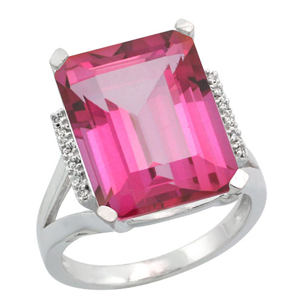 14K White Gold Diamond Natural Pink Topaz Ring Emerald-cut 16x12mm, sizes 5-10