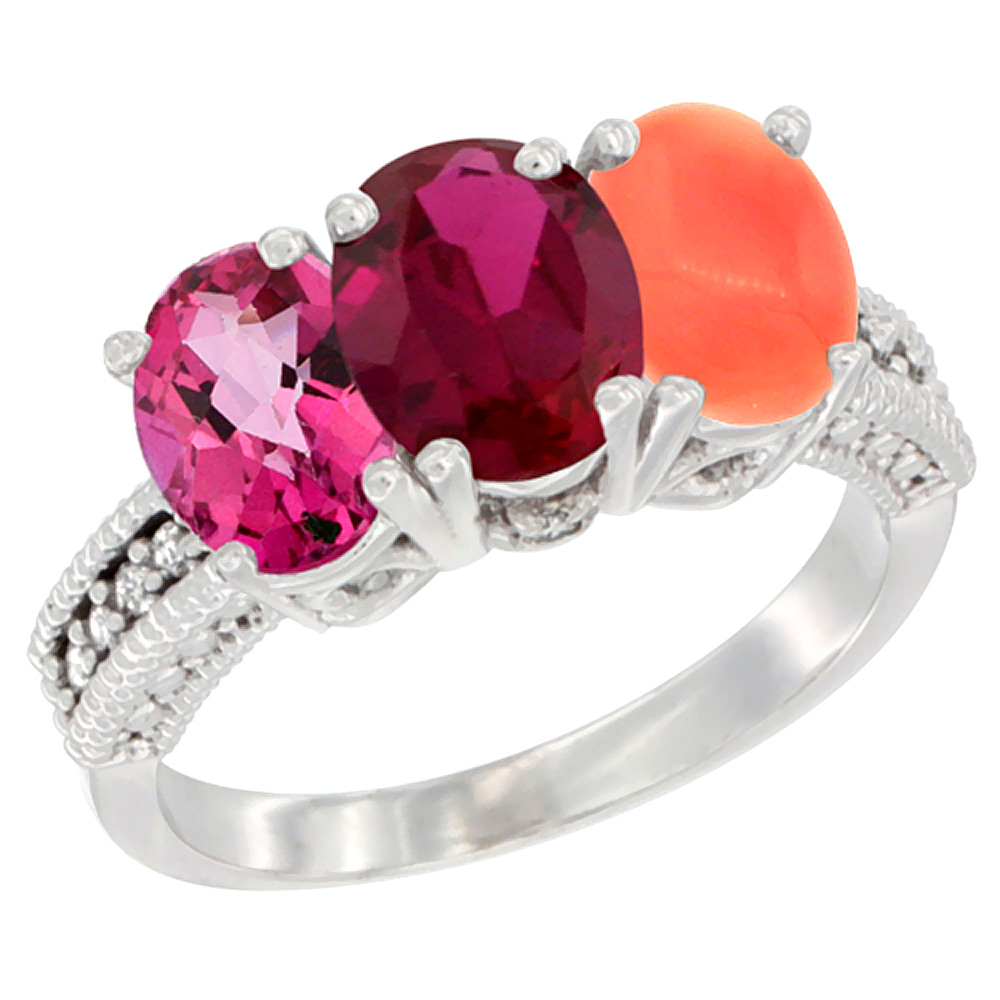 10K White Gold Natural Pink Topaz, Enhanced Ruby & Natural Coral Ring 3-Stone Oval 7x5 mm Diamond Accent, sizes 5 - 10