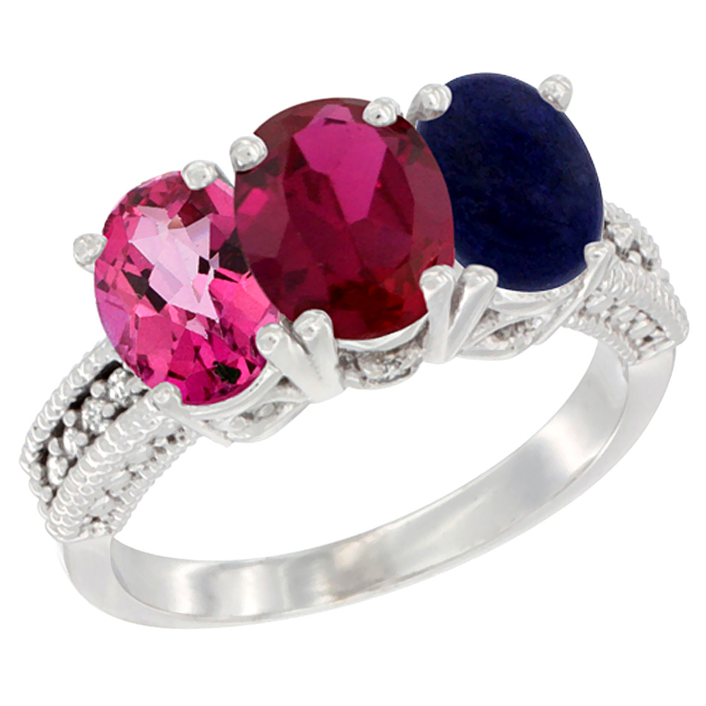 10K White Gold Natural Pink Topaz, Enhanced Ruby & Natural Lapis Ring 3-Stone Oval 7x5 mm Diamond Accent, sizes 5 - 10