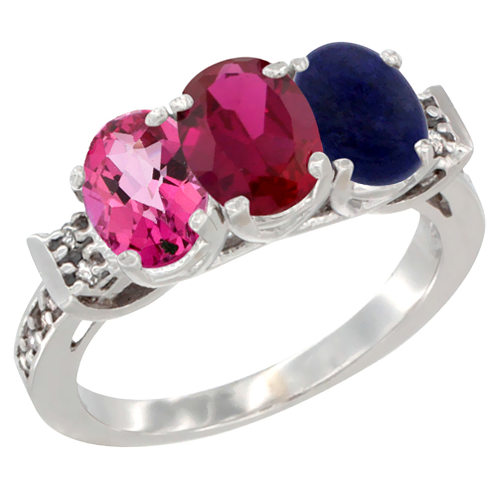 14K White Gold Natural Pink Topaz, Enhanced Ruby &amp; Natural Lapis Ring 3-Stone Oval 7x5 mm Diamond Accent, sizes 5 - 10