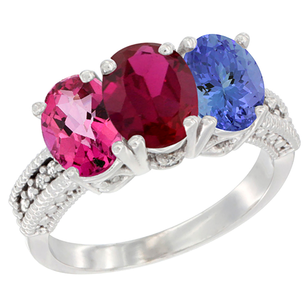 14K White Gold Natural Pink Topaz, Enhanced Ruby & Natural Tanzanite Ring 3-Stone 7x5 mm Oval Diamond Accent, sizes 5 - 10