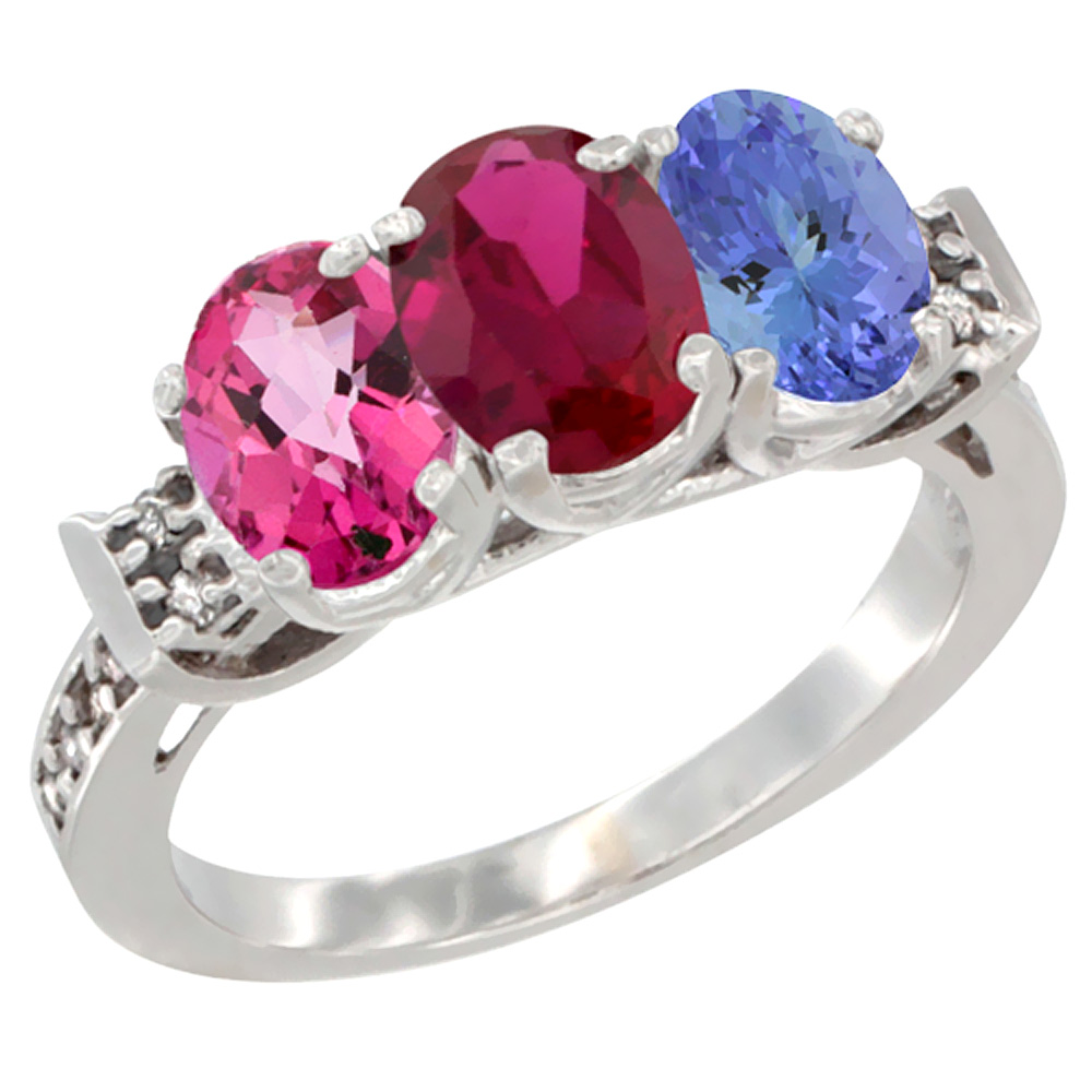 14K White Gold Natural Pink Topaz, Enhanced Ruby &amp; Natural Tanzanite Ring 3-Stone Oval 7x5 mm Diamond Accent, sizes 5 - 10