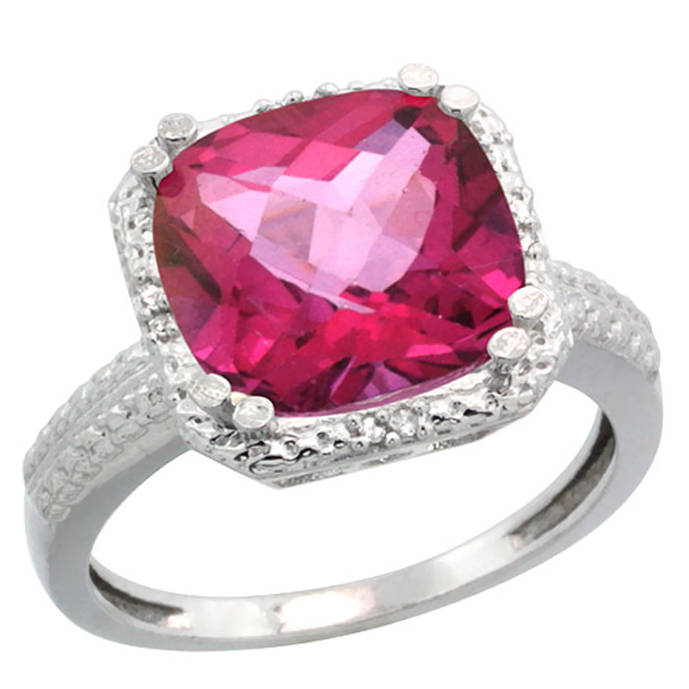 14K White Gold Diamond Natural Pink Topaz Ring Cushion-cut 11x11mm, sizes 5-10