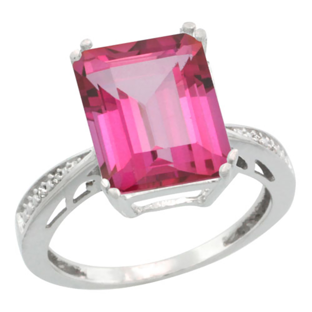 14K White Gold Diamond Natural Pink Topaz Ring Emerald-cut 12x10mm, sizes 5-10