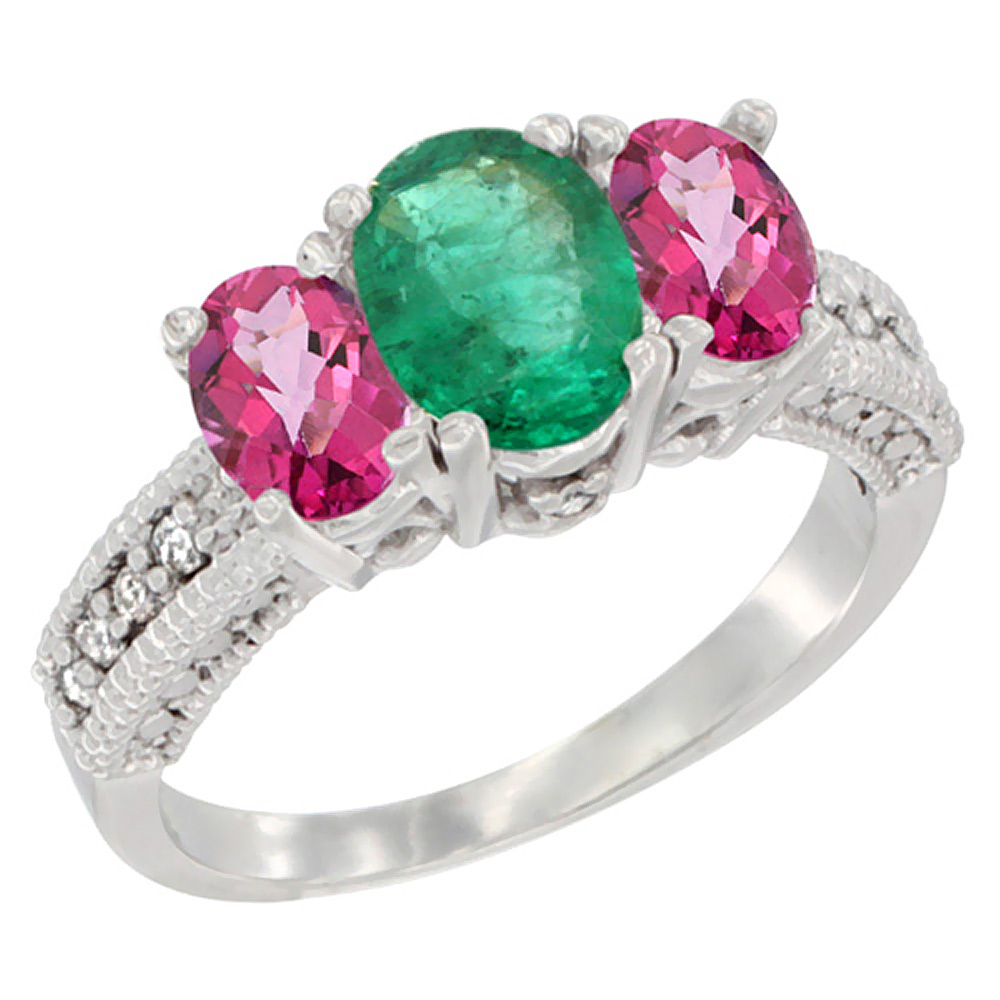 10K White Gold Diamond Natural Emerald Ring Oval 3-stone with Pink Topaz, sizes 5 - 10