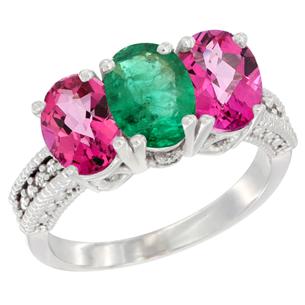 10K White Gold Natural Emerald & Pink Topaz Sides Ring 3-Stone Oval 7x5 mm Diamond Accent, sizes 5 - 10