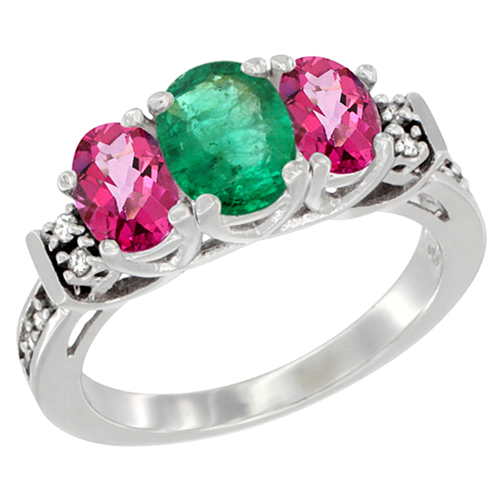 14K White Gold Natural Emerald & Pink Topaz Ring 3-Stone Oval Diamond Accent, sizes 5-10
