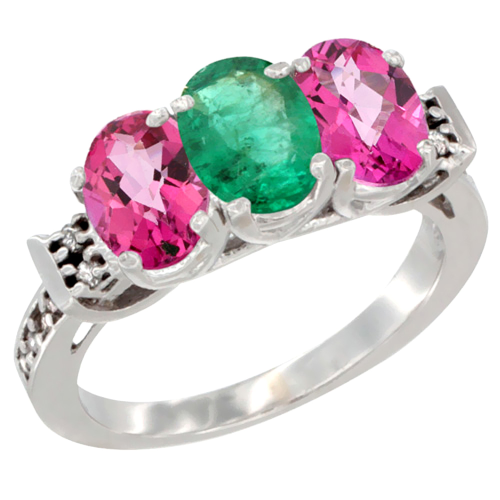14K White Gold Natural Emerald &amp; Pink Topaz Sides Ring 3-Stone Oval 7x5 mm Diamond Accent, sizes 5 - 10