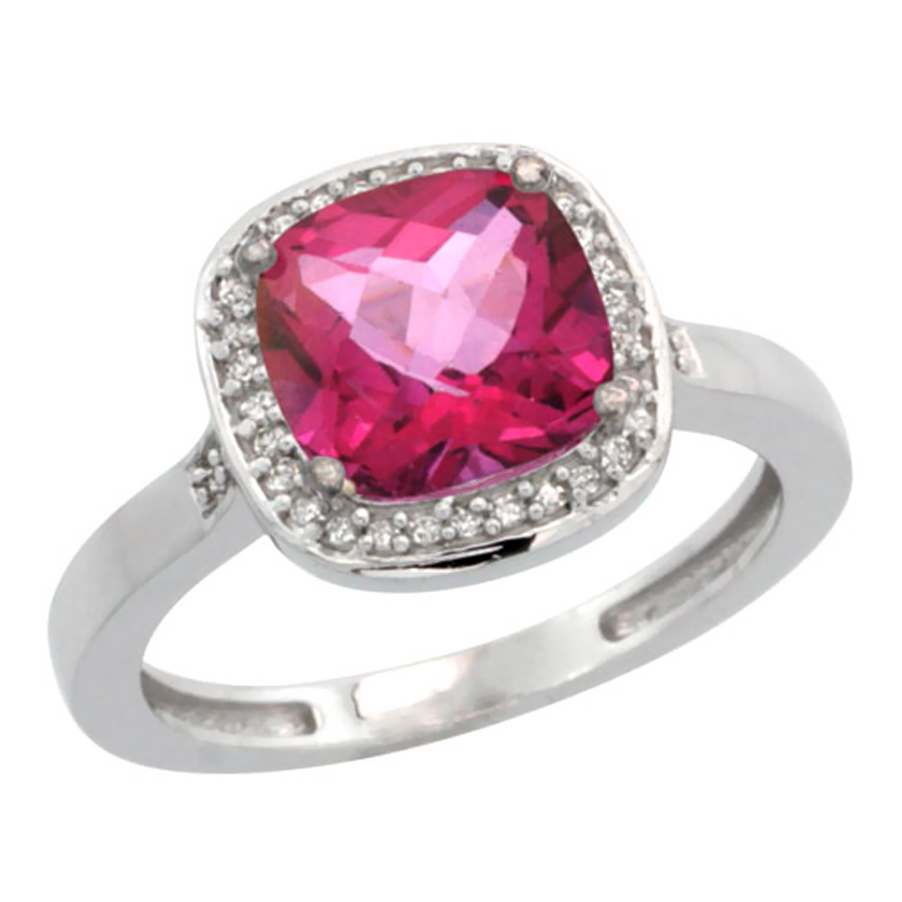 14K White Gold Diamond Natural Pink Topaz Ring Cushion-cut 8x8mm, sizes 5-10
