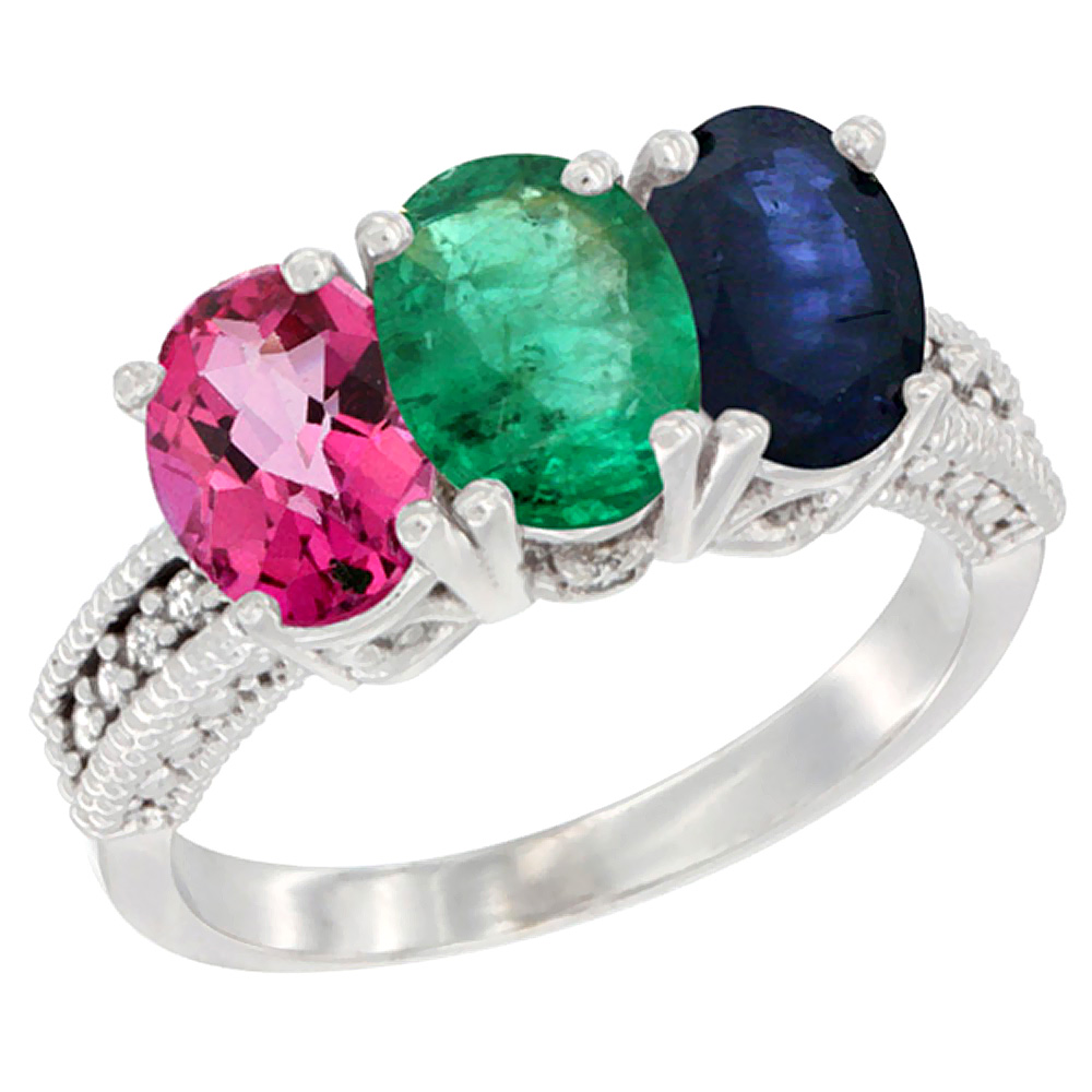 10K White Gold Natural Pink Topaz, Emerald & Blue Sapphire Ring 3-Stone Oval 7x5 mm Diamond Accent, sizes 5 - 10