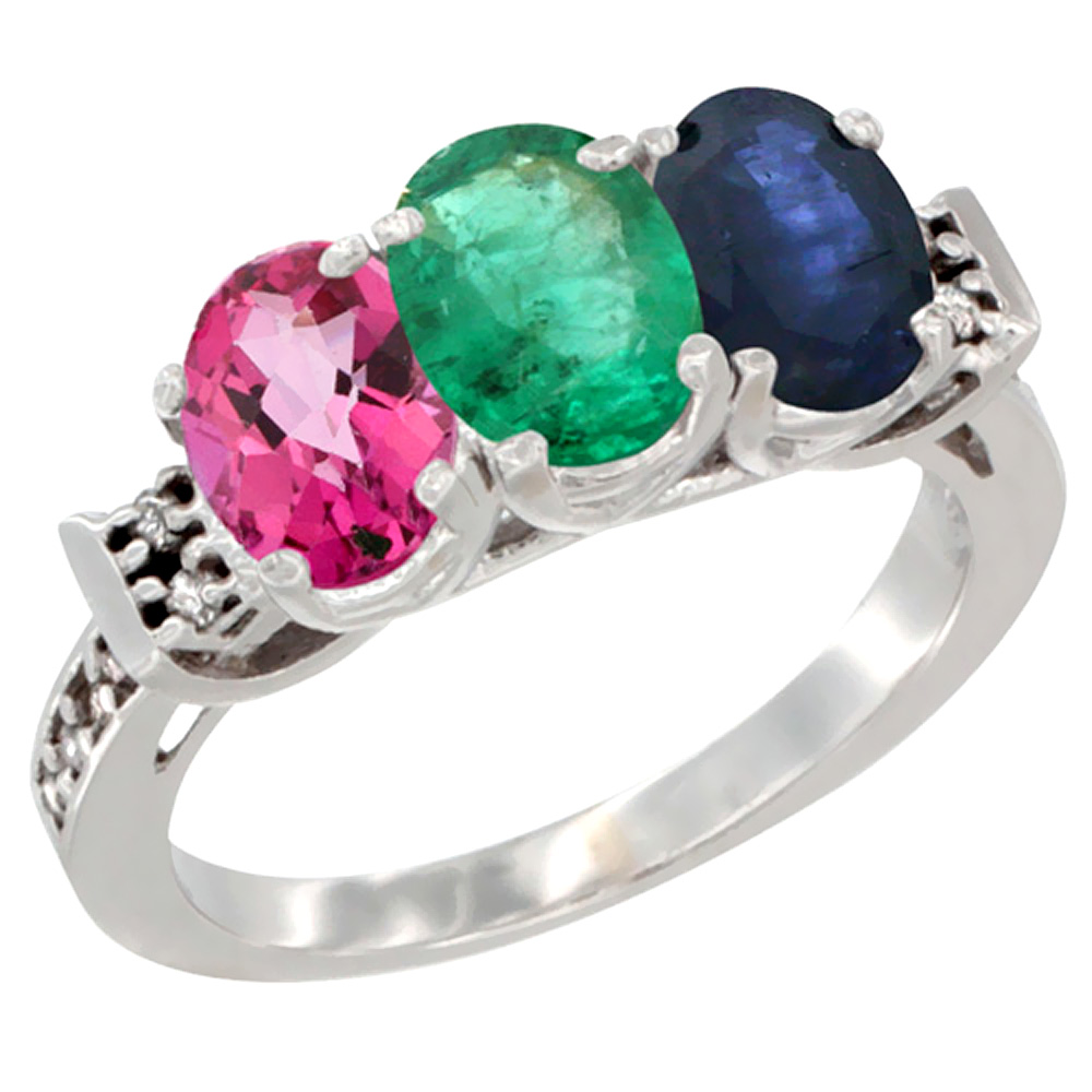 14K White Gold Natural Pink Topaz, Emerald &amp; Blue Sapphire Ring 3-Stone Oval 7x5 mm Diamond Accent, sizes 5 - 10