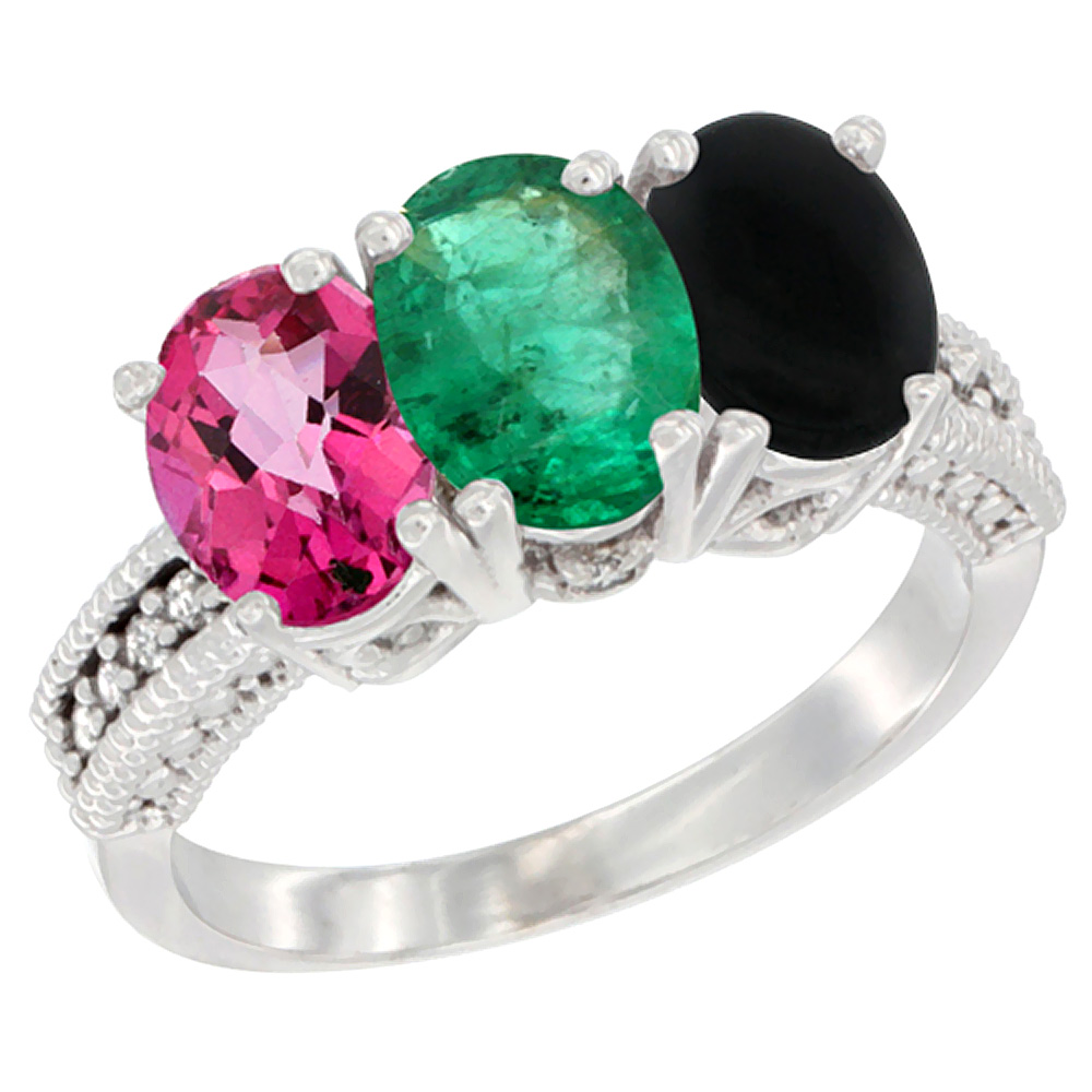10K White Gold Natural Pink Topaz, Emerald &amp; Black Onyx Ring 3-Stone Oval 7x5 mm Diamond Accent, sizes 5 - 10