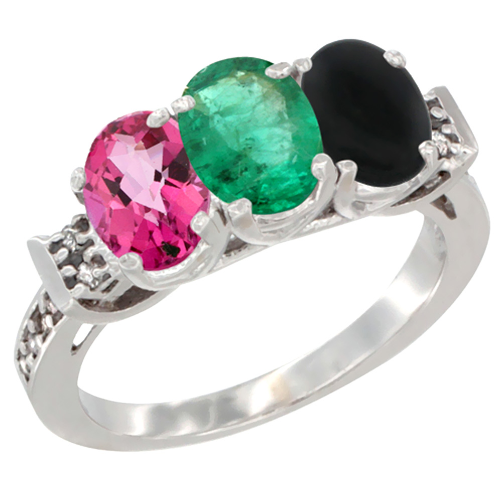 10K White Gold Natural Pink Topaz, Emerald & Black Onyx Ring 3-Stone Oval 7x5 mm Diamond Accent, sizes 5 - 10