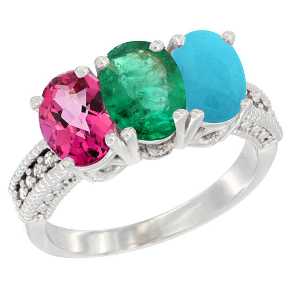 10K White Gold Natural Pink Topaz, Emerald & Turquoise Ring 3-Stone Oval 7x5 mm Diamond Accent, sizes 5 - 10