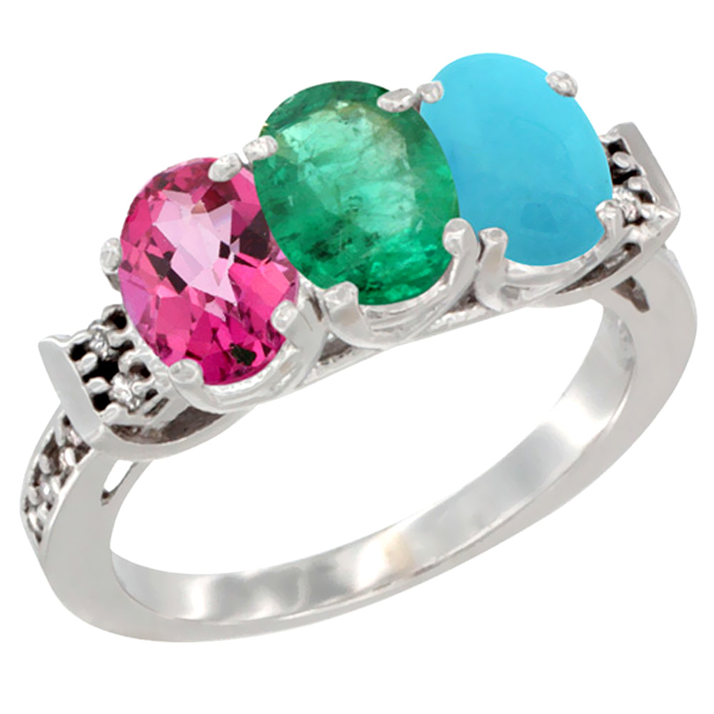 14K White Gold Natural Pink Topaz, Emerald & Turquoise Ring 3-Stone Oval 7x5 mm Diamond Accent, sizes 5 - 10