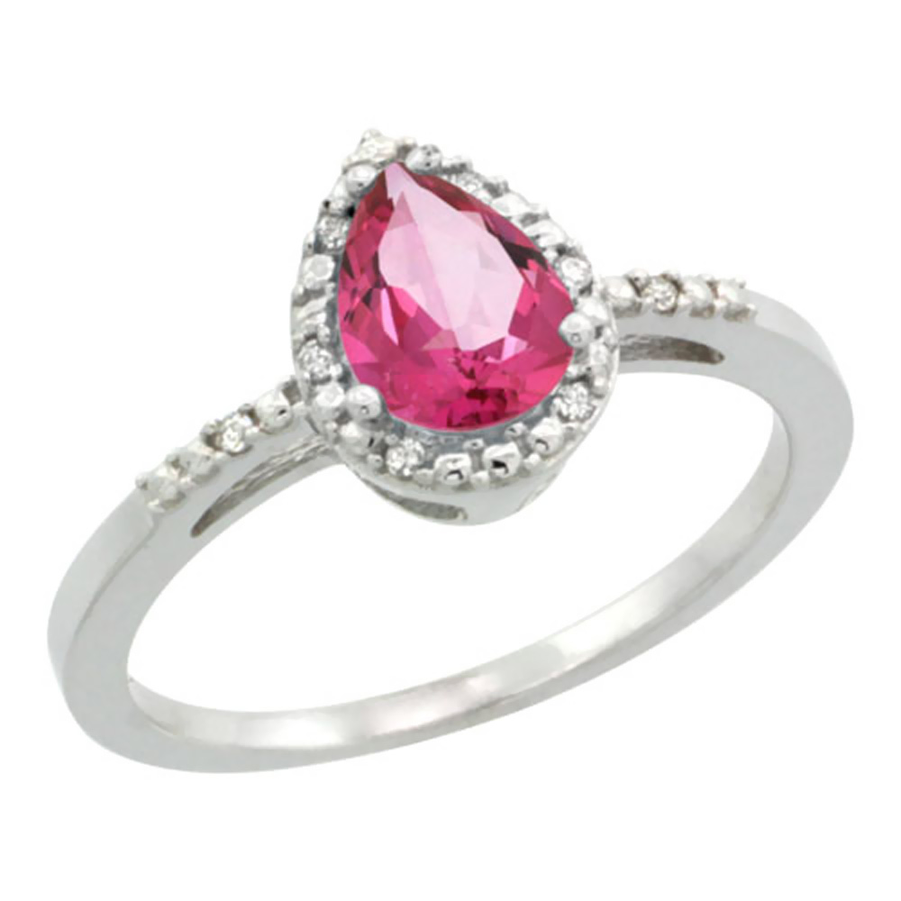 14K White Gold Diamond Natural Pink Topaz Ring Pear 7x5mm, sizes 5-10