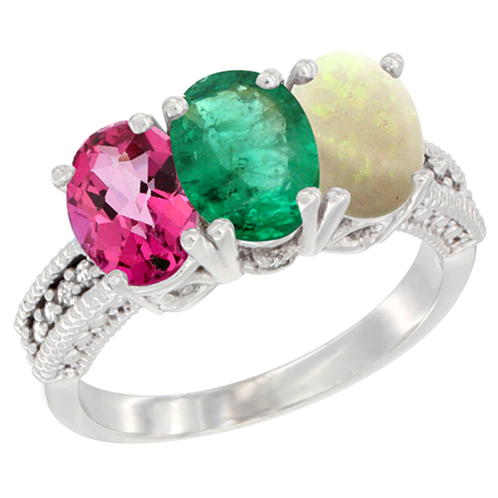 14K White Gold Natural Pink Topaz, Emerald &amp; Opal Ring 3-Stone 7x5 mm Oval Diamond Accent, sizes 5 - 10