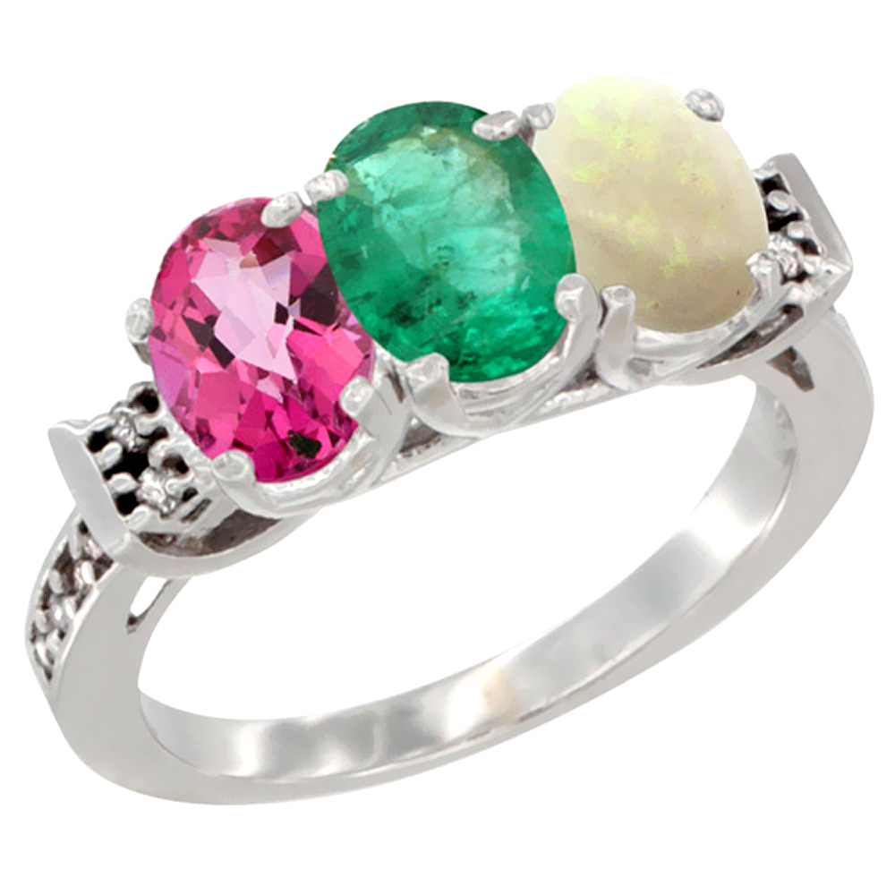 10K White Gold Natural Pink Topaz, Emerald &amp; Opal Ring 3-Stone Oval 7x5 mm Diamond Accent, sizes 5 - 10